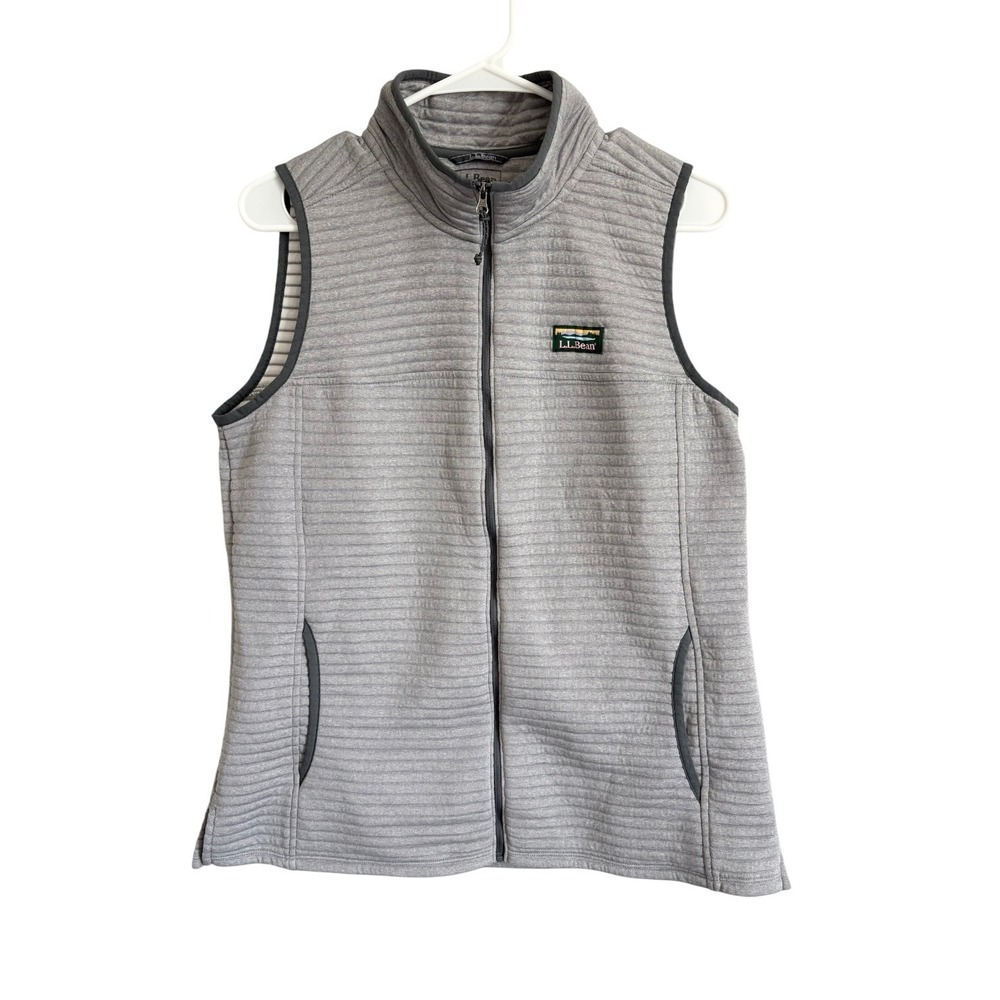 LL Bean Vest Women Medium Gray Quilted Mock Neck Pockets Granola Hiking Layer